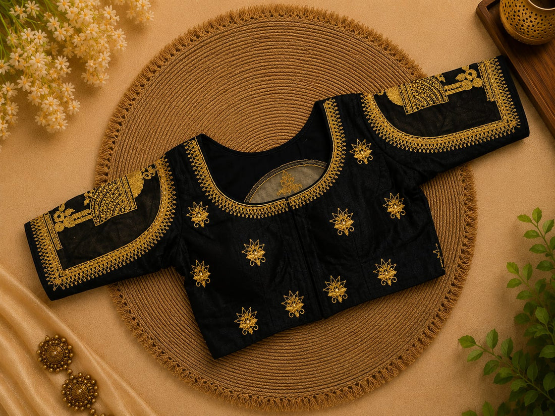 Black Silk Cotton Aari work Machine Embroidery Bridal Blouse - AWB220