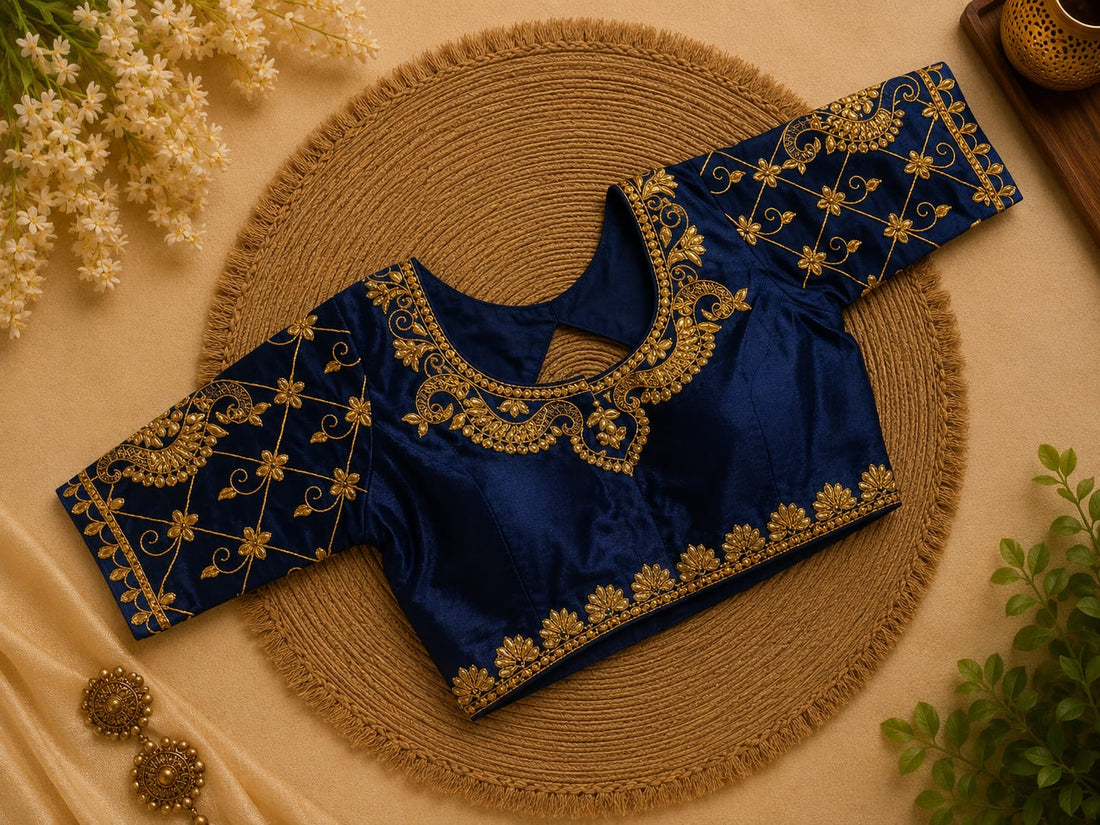 Navy Blue Silk Cotton Aari work Machine Embroidery Bridal Blouse - AWB239