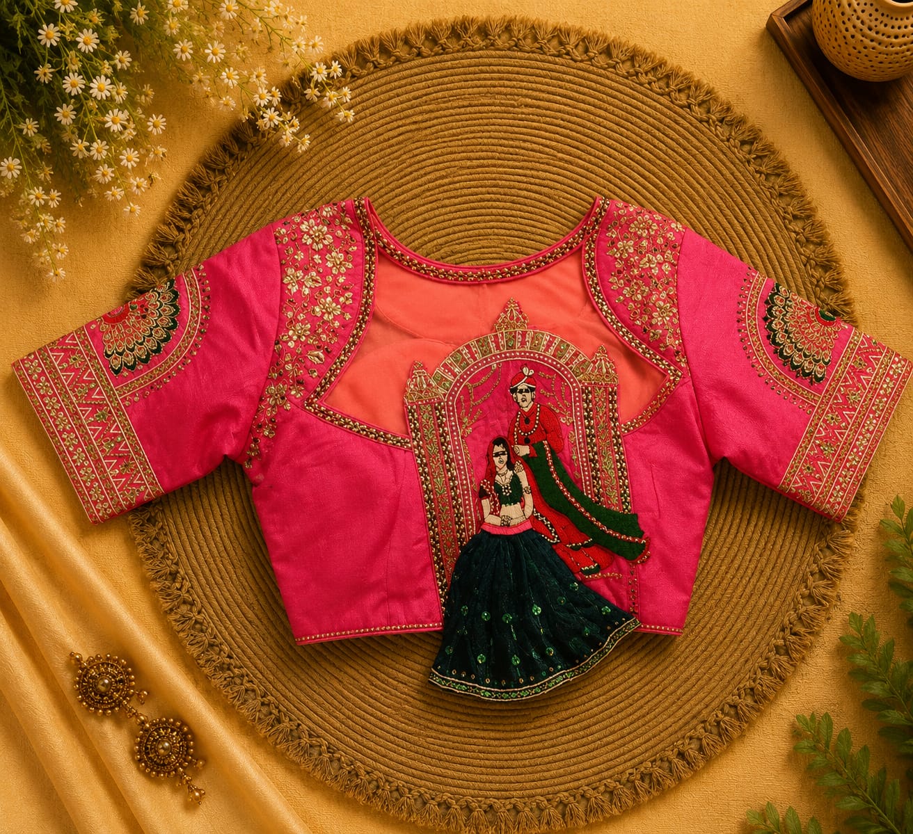 Pink Silk Cotton Aari work Round Neck Bridal Blouse - AWB201