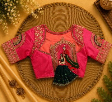 Pink Silk Cotton Aari work Round Neck Bridal Blouse - AWB201