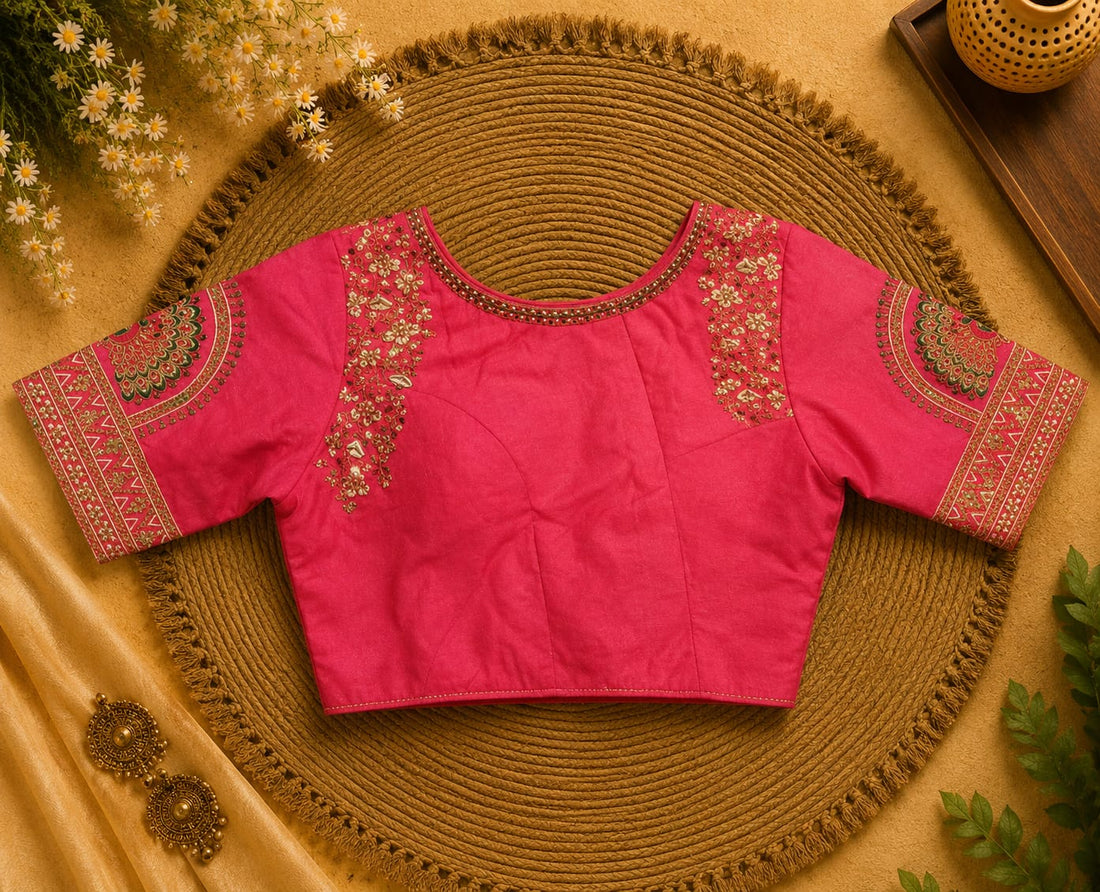 Pink Silk Cotton Aari work Round Neck Bridal Blouse - AWB201