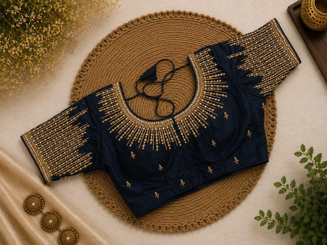 Black Silk Cotton Aari work Round Neck Bridal Blouse - AWB211