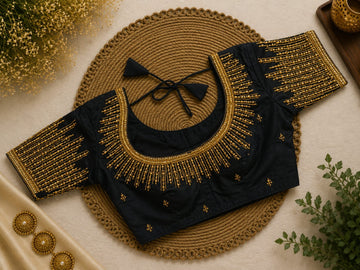 Black Silk Cotton Aari work Round Neck Bridal Blouse - AWB211