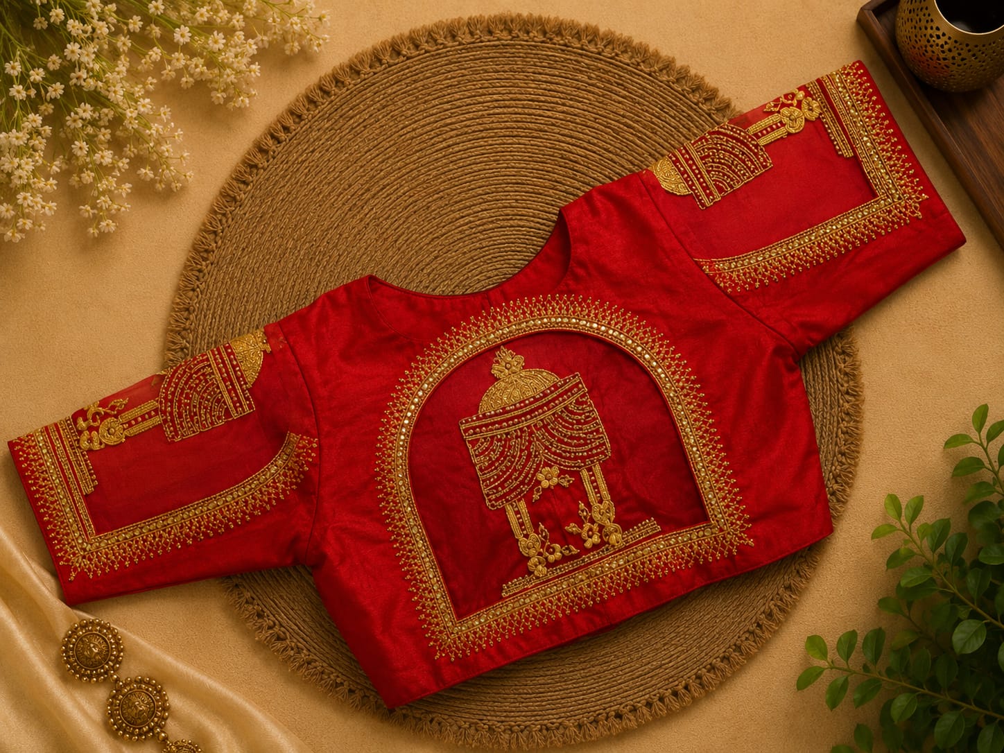 Red Silk Cotton Aari work Machine Embroidery Bridal Blouse - AWB219