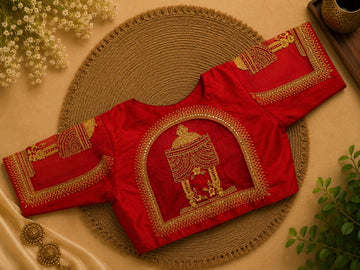 Red Silk Cotton Aari work Machine Embroidery Bridal Blouse - AWB219