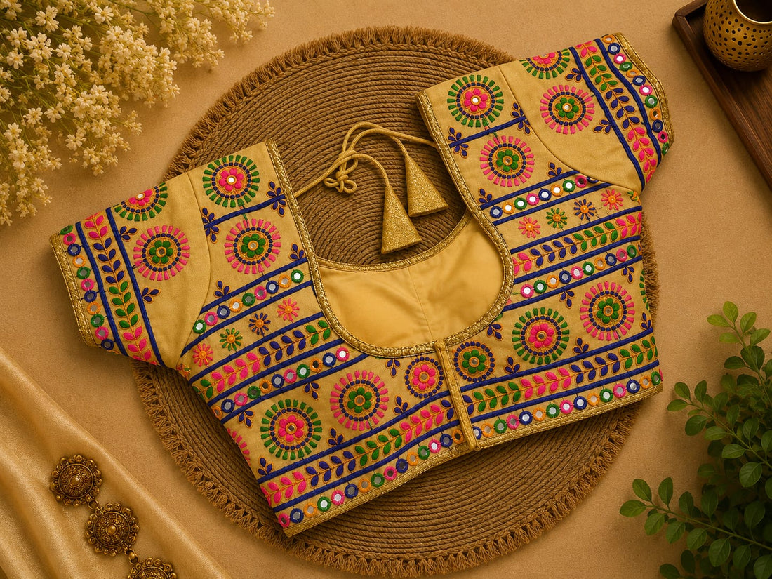 Sandal Silk Cotton Aari work Machine Embroidery Bridal Blouse - AWB232