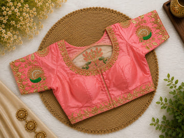 Peach Silk Cotton Aari work Machine Embroidery Bridal Blouse - EAWB018