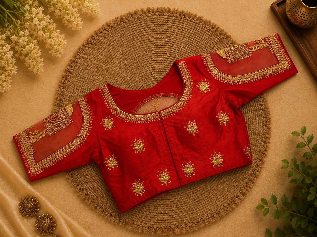 Red Silk Cotton Aari work Machine Embroidery Bridal Blouse - AWB219