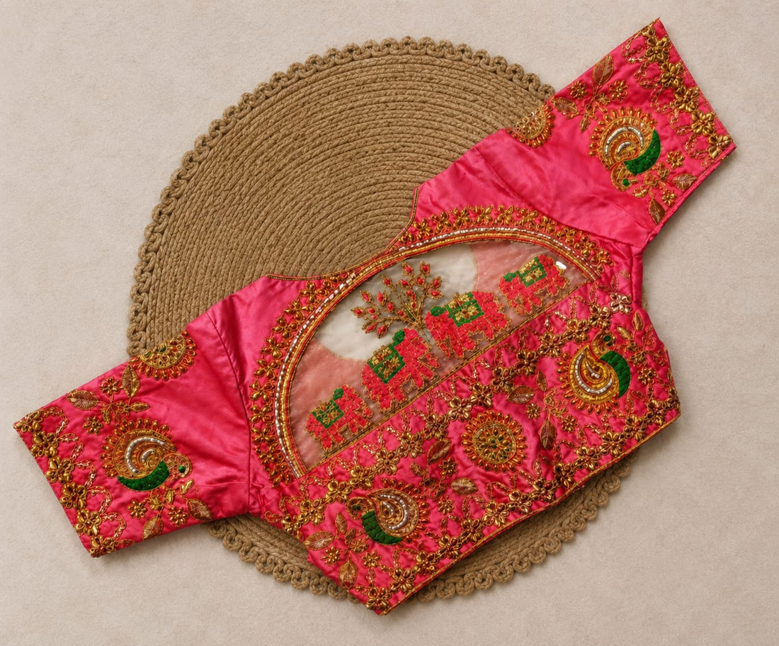 Peach Silk Cotton Aari work Machine Embroidery Bridal Blouse - EAWB018