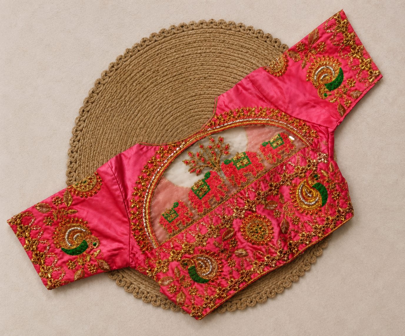 Peach Silk Cotton Aari work Machine Embroidery Bridal Blouse - EAWB018