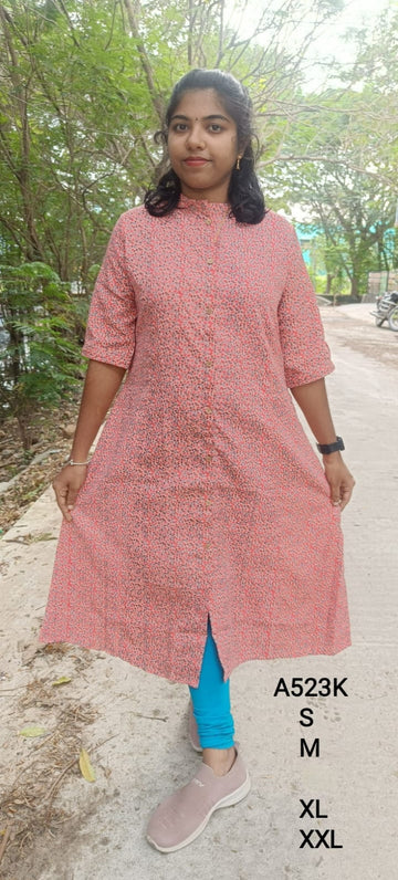 Pink Cotton A-Line Kurtis -A523K