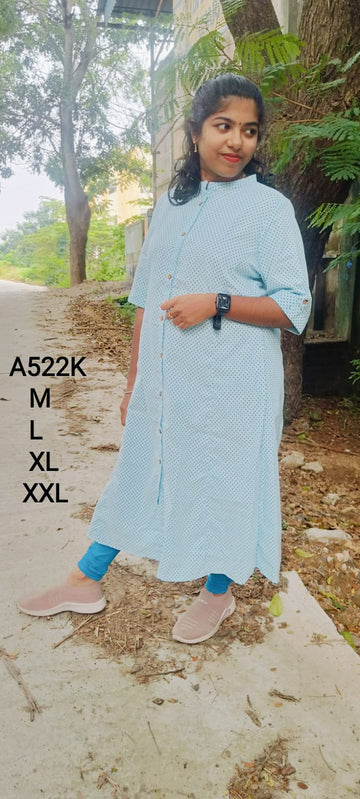 Light Blue Cotton A-Line Kurtis -A522K