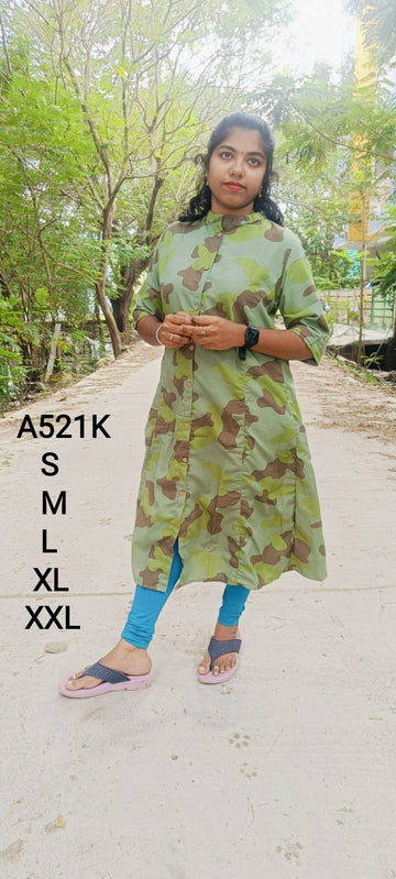 Army Green Cotton A-Line Kurtis -A521K