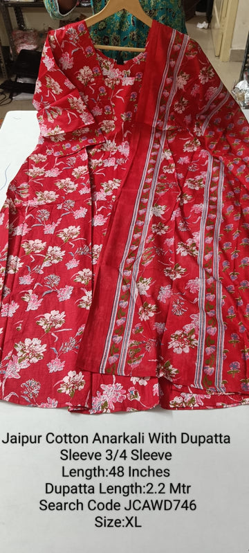 Red Jaipur Cotton Anarkali  with Dupatta- JCAWD746