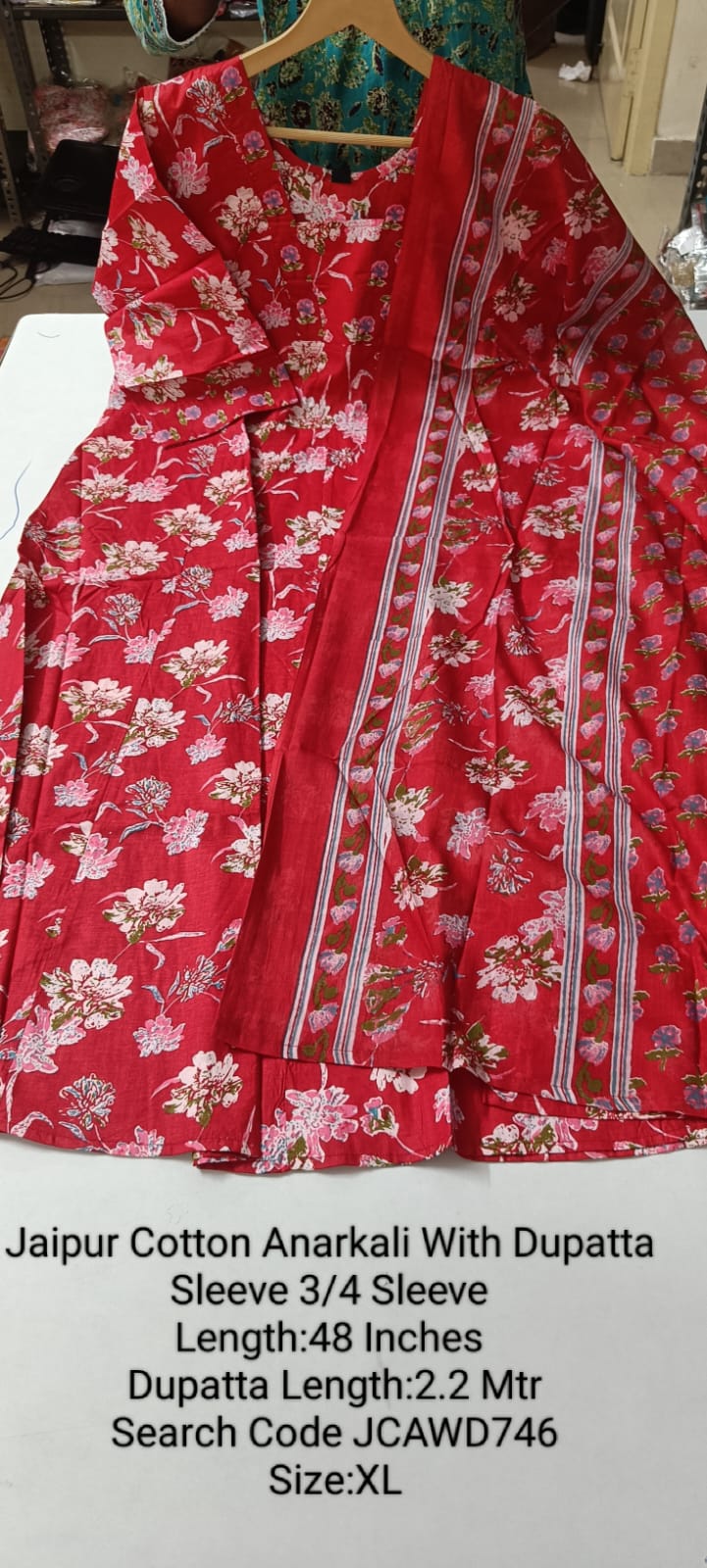 Red Jaipur Cotton Anarkali  with Dupatta- JCAWD746