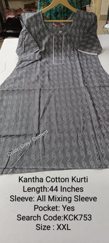 Grey Kantha Cotton Daily wear Budget  Side Open Kurtis - KCK753