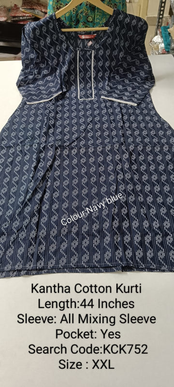 Navy Blue Kantha Cotton Daily wear Budget  Side Open Kurtis - KCHK752