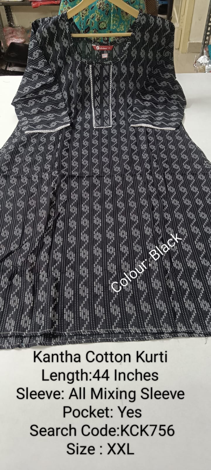 Black Kantha Cotton Daily wear Budget  Side Open Kurtis - KCHK756
