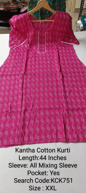 Pink  Kantha Cotton Daily wear Budget  Side Open Kurtis - KCK751