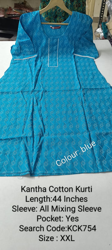 Blue Kantha Cotton Daily wear Budget  Side Open Kurtis - KCHK754