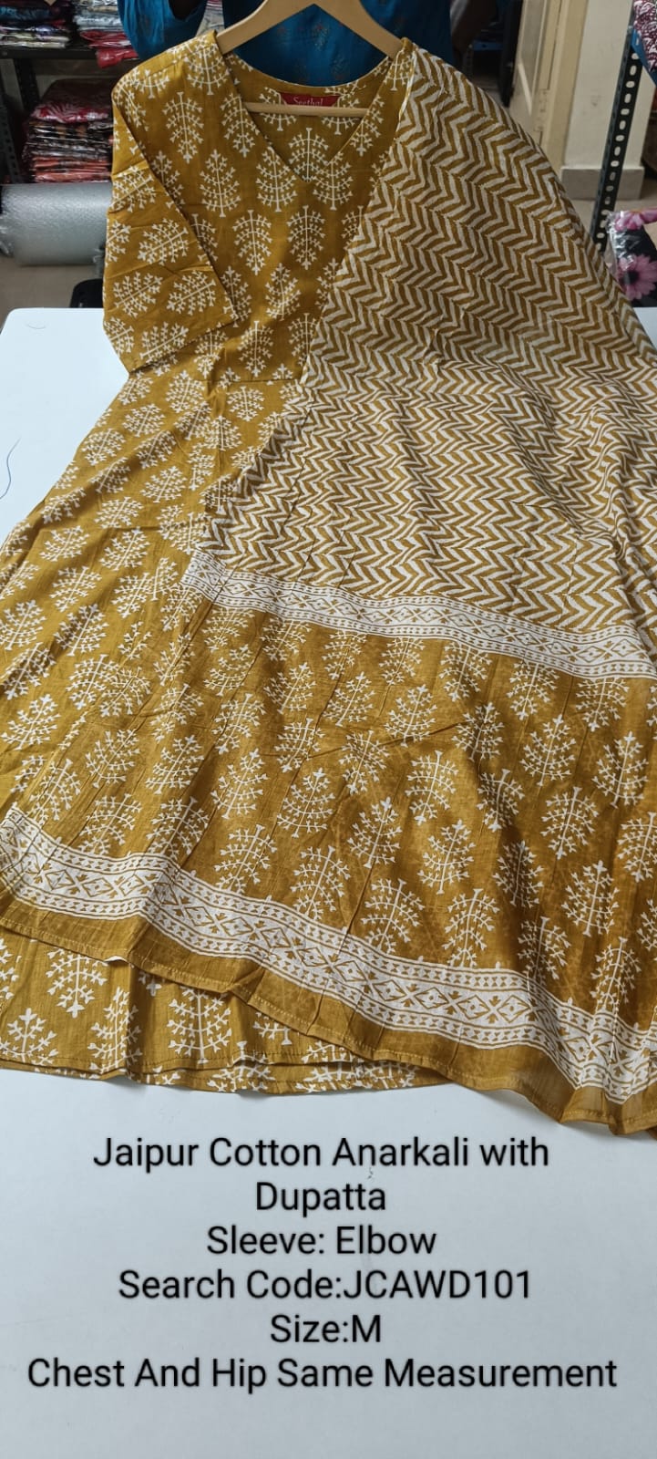 Mustard Jaipur Cotton Anarkali  with Dupatta- JCAWD101