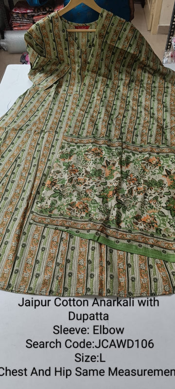 Green Jaipur Cotton Anarkali  with Dupatta- JCAWD106