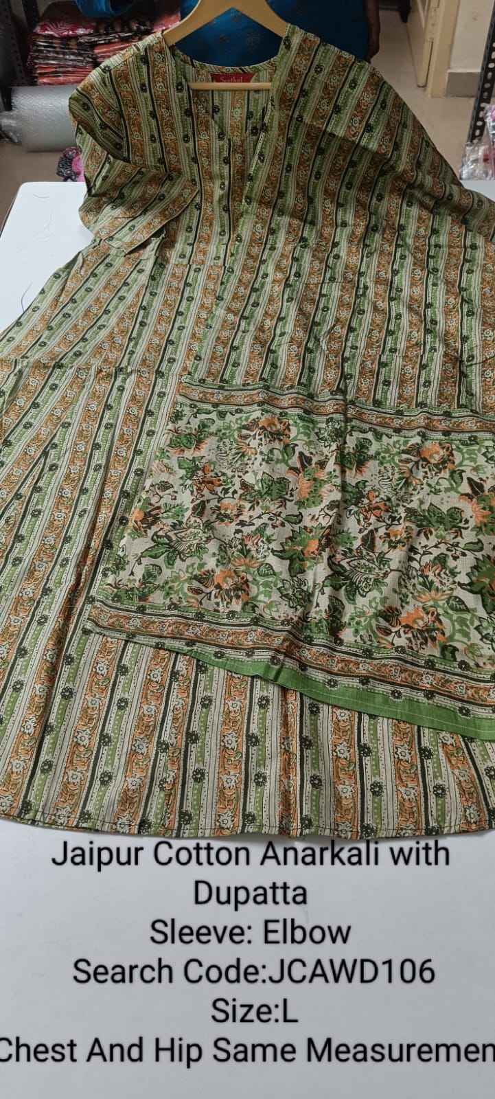 Green Jaipur Cotton Anarkali  with Dupatta- JCAWD106