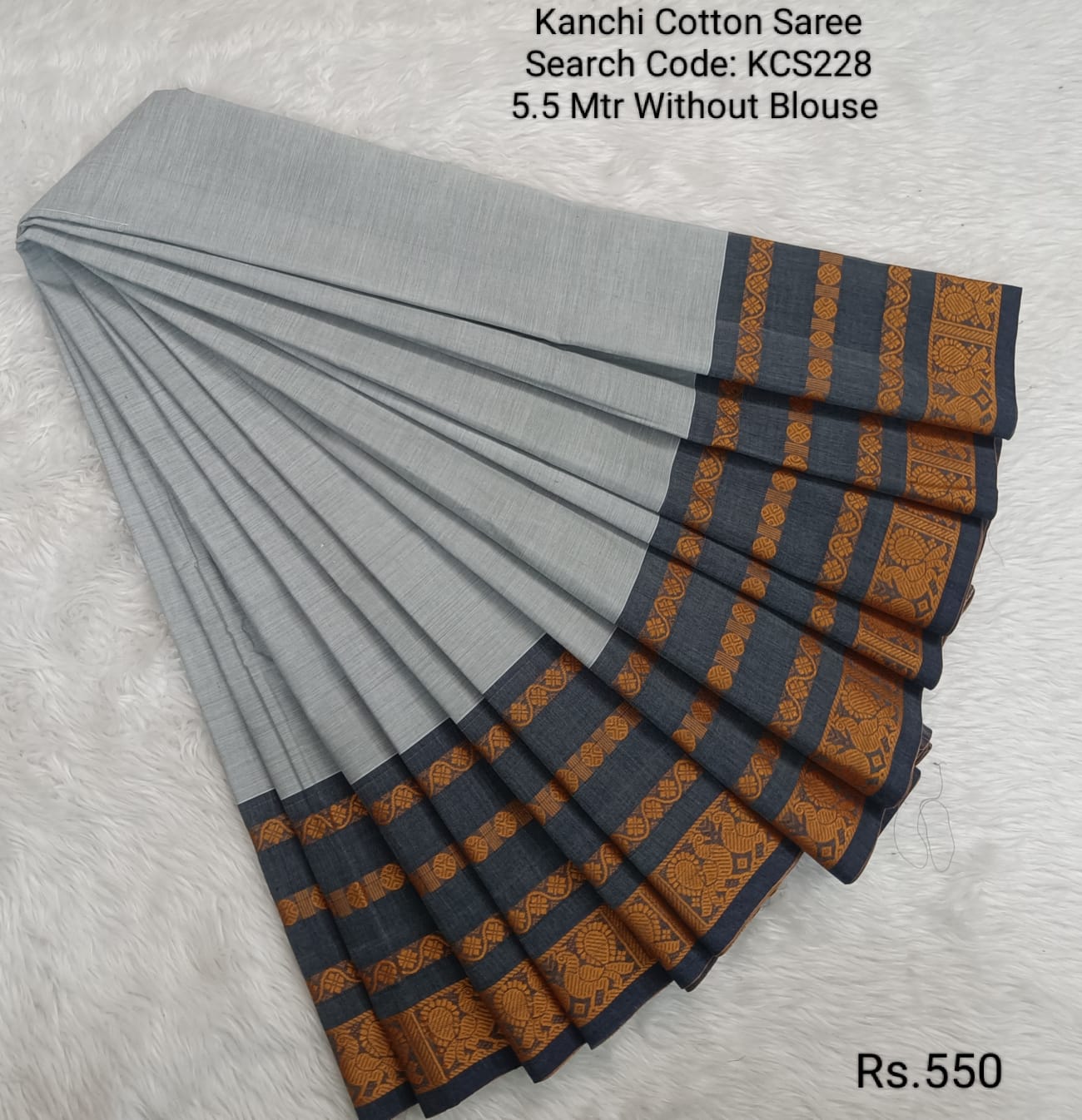 Grey Kanchi Cotton without Blouse  Saree -KCS228