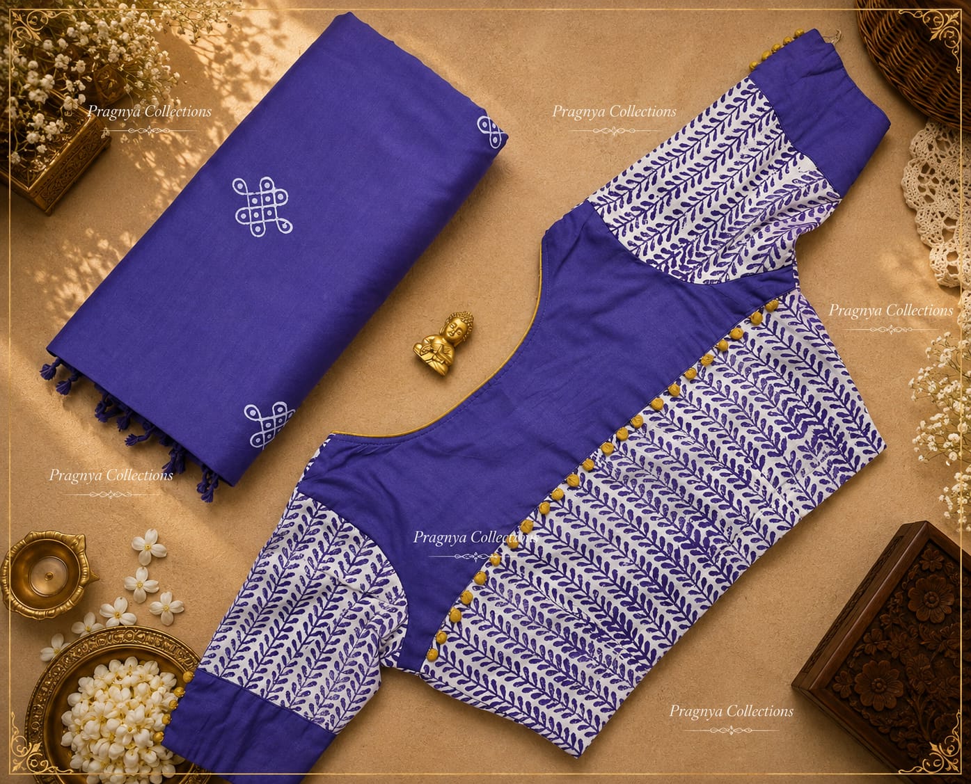 South Cotton Blended Saree with Ready-to-Wear Pattern Blouse  - SPB002