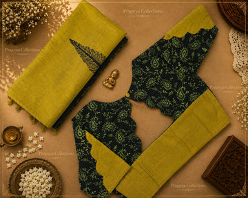 South Cotton Blended Saree with Ready-to-Wear Pattern Blouse  - SPB004