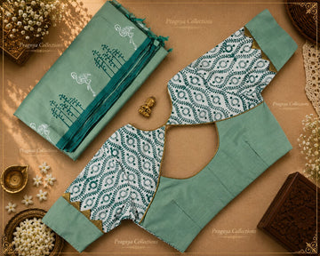 South Cotton Blended Saree with Ready-to-Wear Pattern Blouse  - SPB003