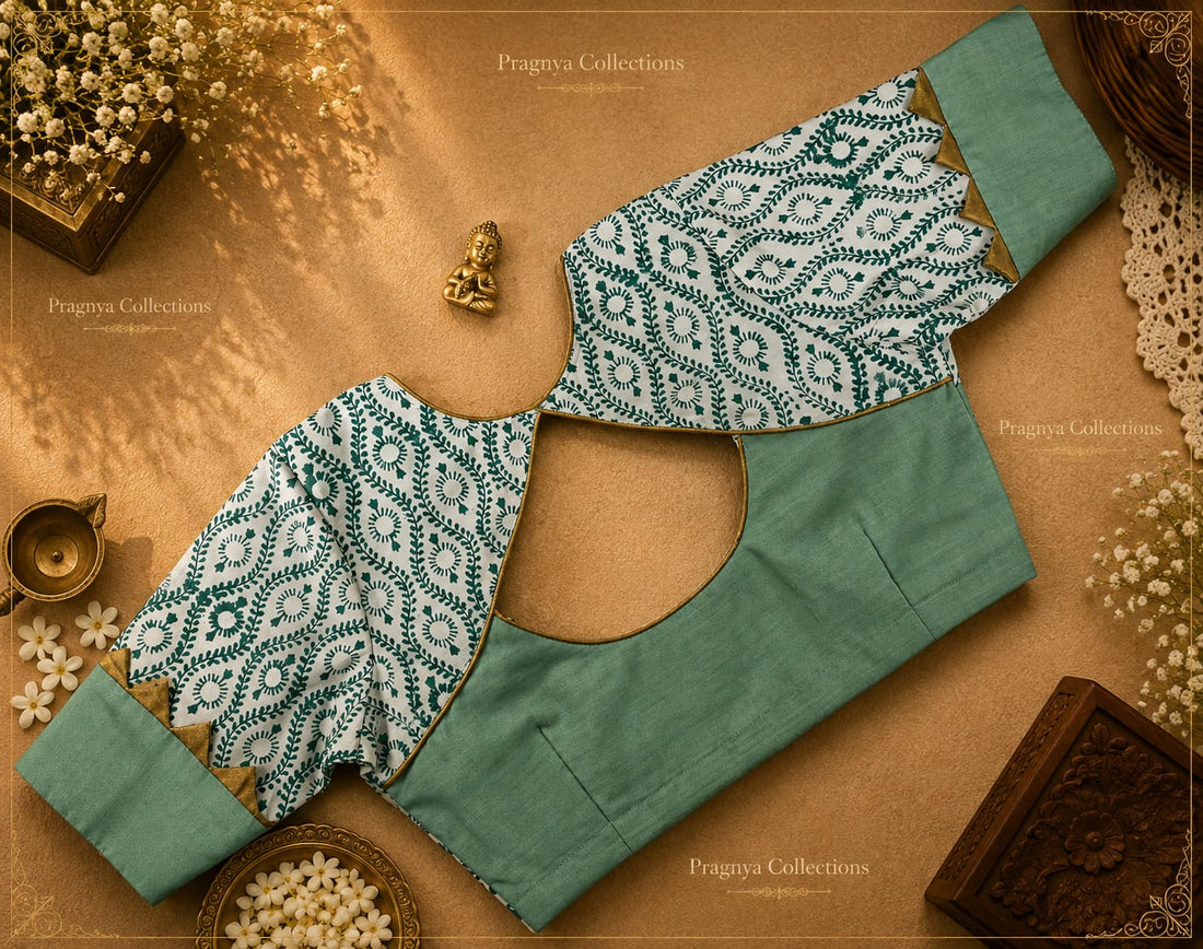 South Cotton Blended Saree with Ready-to-Wear Pattern Blouse  - SPB003