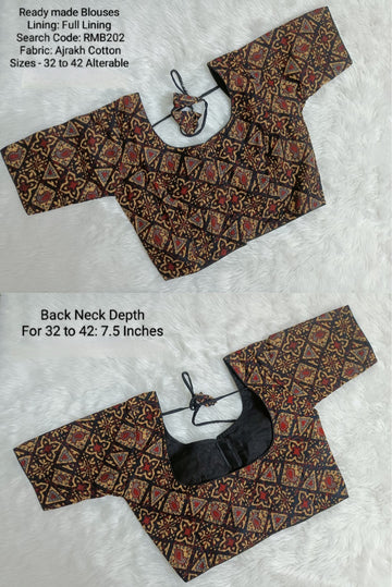 Black  Hand block Kantha 3 Dart Ready Made Blouse -RMB202