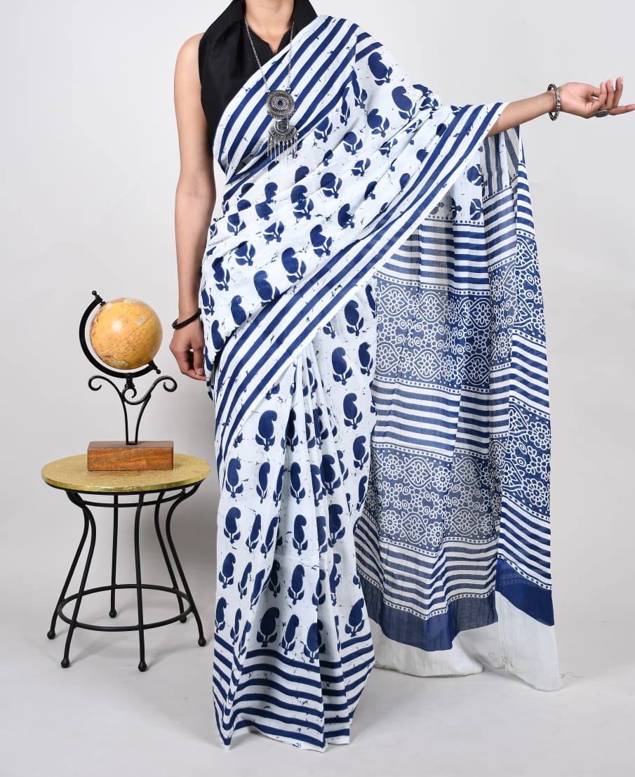 White Jaipur Cotton 80's Count Saree -JCS002