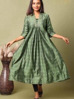 FEA010 - V Neck Silk Cotton Embroidery A-Line Kurta
