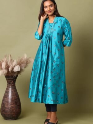 FEA008 - V Neck Silk Cotton Embroidery A-Line Kurta