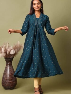 FEA006 - V Neck Silk Cotton Embroidery A-Line Kurta