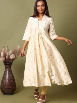 FEA005 - V Neck Silk Cotton Embroidery A-Line Kurta