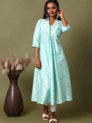 FEA004 - V Neck Silk Cotton Embroidery A-Line Kurta