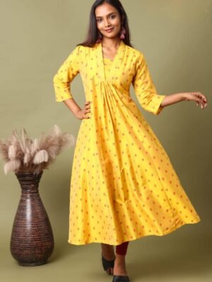 FEA003 - V Neck Silk Cotton Embroidery A-Line Kurta