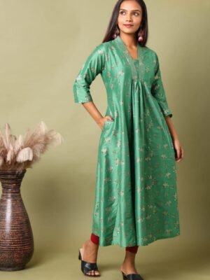 FEA002 - V Neck Silk Cotton Embroidery A-Line Kurta