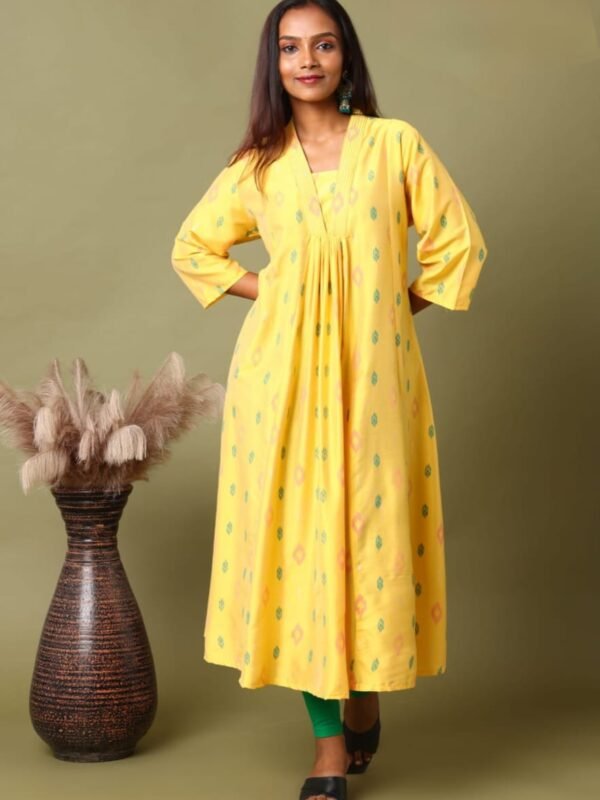 FEA001 - V Neck Silk Cotton Embroidery A-Line Kurta