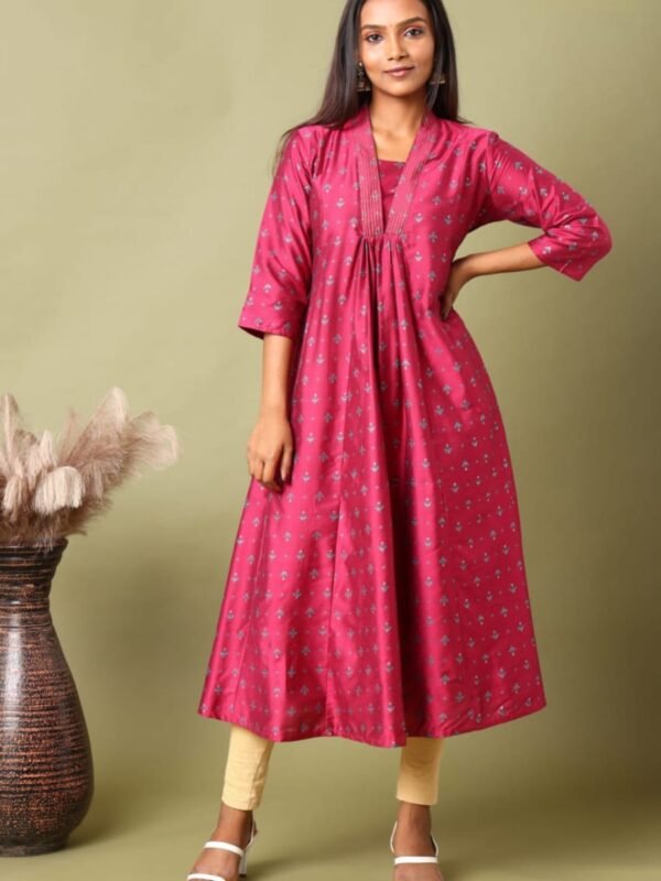 FEA009 - V Neck Silk Cotton Embroidery A-Line Kurta