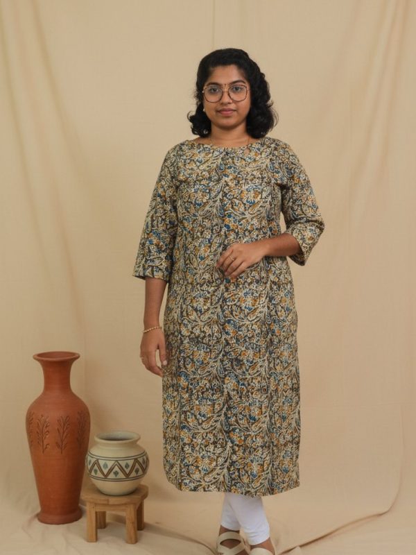 IC006- Kalamkari Cotton Side Open Kurtis