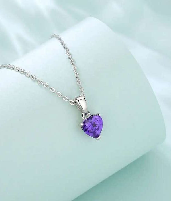 KNJ010 - Silver-Plated Anti-Tarnish Necklace with Purple Heart-Shaped Pendant