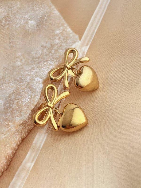 KNE002 - Gold-Plated Anti-Tarnish Bow & Heart Dangle Earrings
